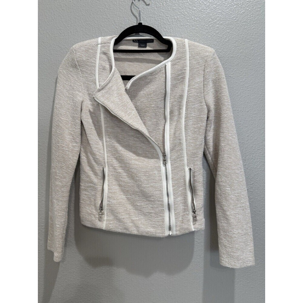 Armani Exchange Size XS Tweed Moto Blazer Fitted Career Zip Beige Neutral - Picture 6 of 6